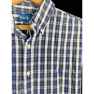 Ralph Lauren Shirt Size 16 1/2 XL Button Down Blue Gray Mens Plaid Check Long Sl